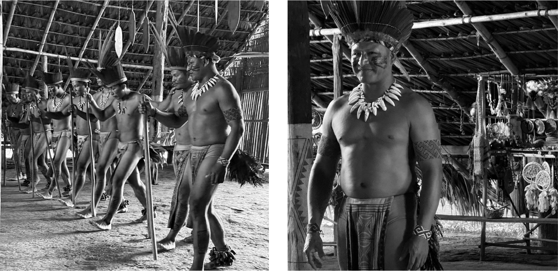 Ritual de dança indígena na maloca e retrato de líder indígena