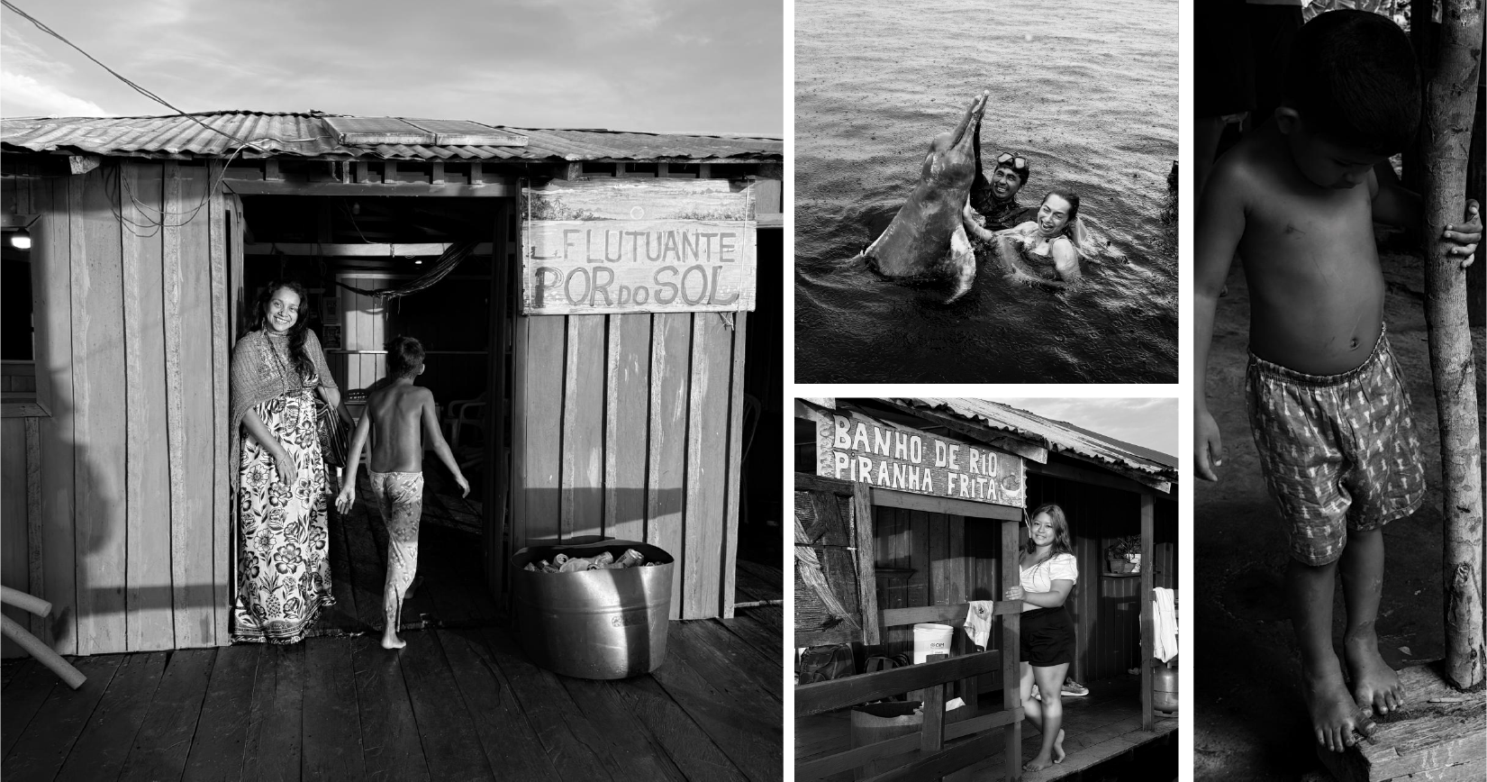 Cenas da vida ribeirinha: flutuante Pôr do Sol, boto, restaurante Banho de Rio e criança na comunidade